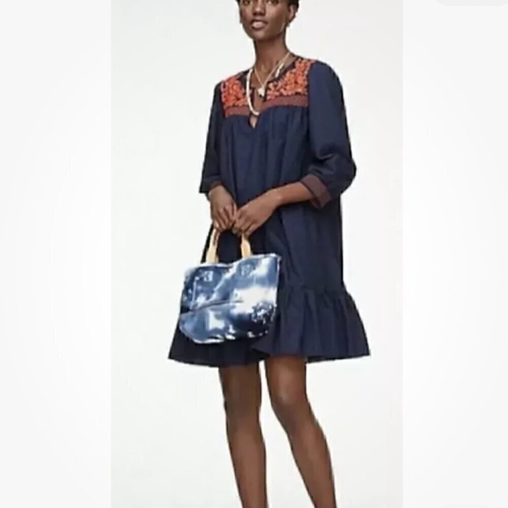 EUC J.Crew Leda Navy Mexican Style Embroidery Red Stitch Ruffle Dress - SZ XS